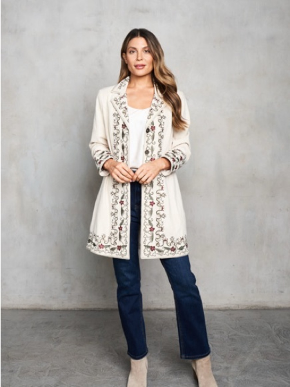 Embroidered Cream Longline Blazer Jacket